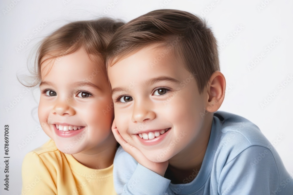 Happy young kids boy and girl smiling. Concept of children's friendship, happiness, family, kindness. Generative AI Happy young kids boy and girl smiling. Concept of children's friendship, happiness, family, kindness. Generative AI