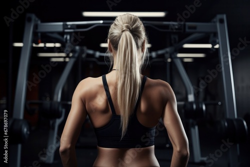 back view on a sporty muscular fit young blond woman in the gym