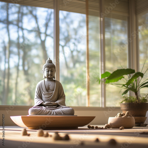 Buddha statue in meditation position in a room with green plants Generative AI