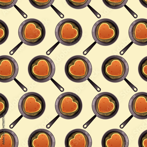 Seamless pattern of pancake hearts in frying pan on light background. Vector pattern for Pancake Day, bakery