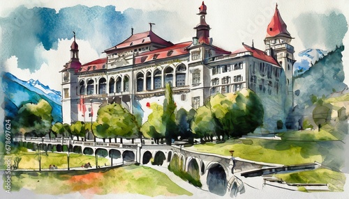 Traditional Building in Switzerland drawn in watercolors