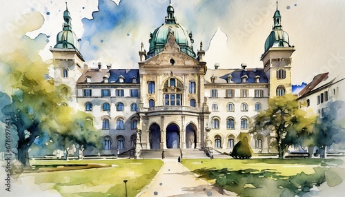 Traditional Building in Switzerland drawn in watercolors photo