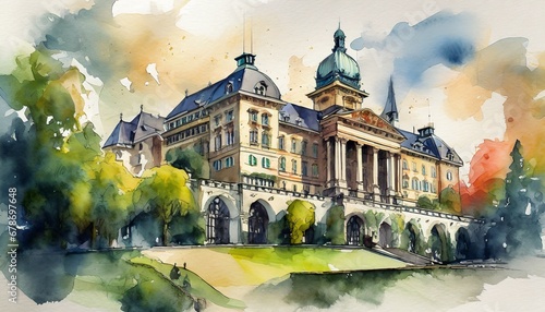 Traditional Building in Switzerland drawn in watercolors photo