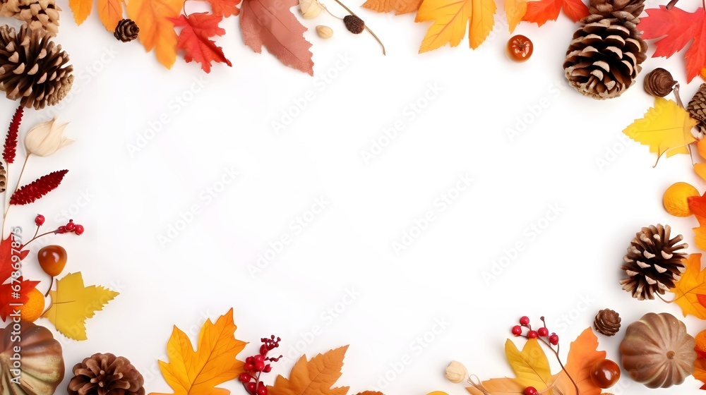 Autumn composition frame made of autumn leaves, acorn, pine cones, flower on white background. Flat lay design, top view