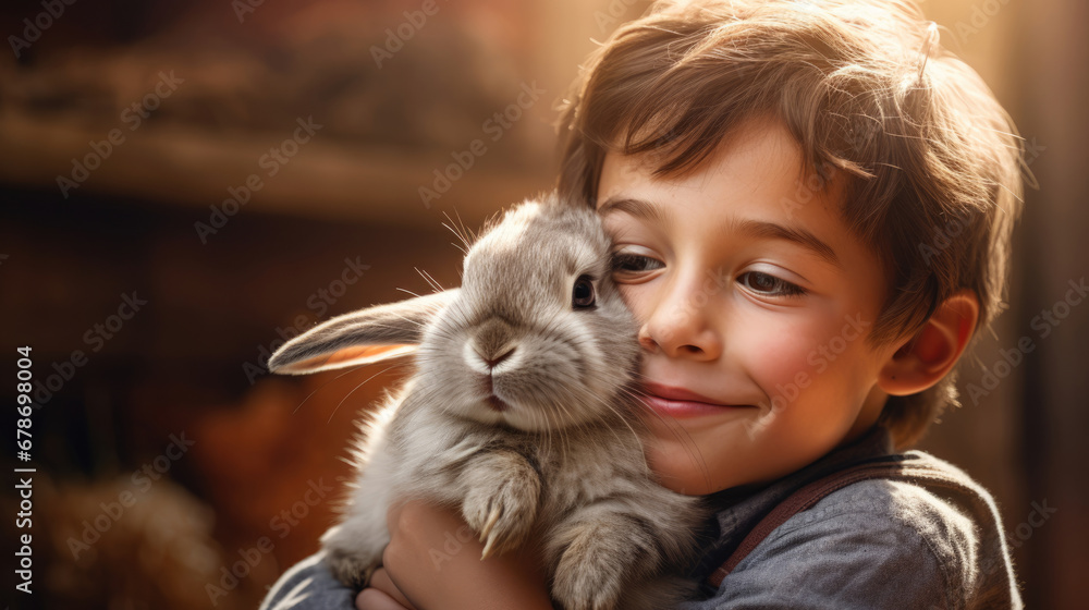 A child hugging a newly adopted rabbit, radiating happiness A child hugging a newly adopted rabbit, radiating happiness