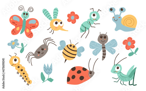  Insect set. Grasshopper, caterpillar, fly, ant, mosquito, bee, spider, butterfly, snail, ladybug, flying insects icons set.Cute cartoon kawaii animal. Flat design. White background. Vector