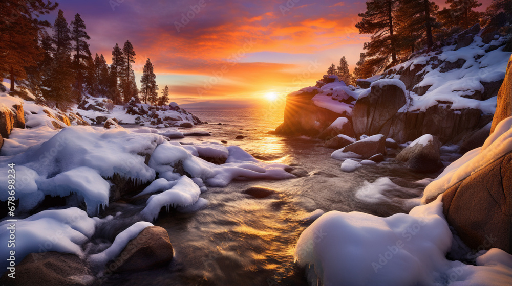 Sunset at river in winter
