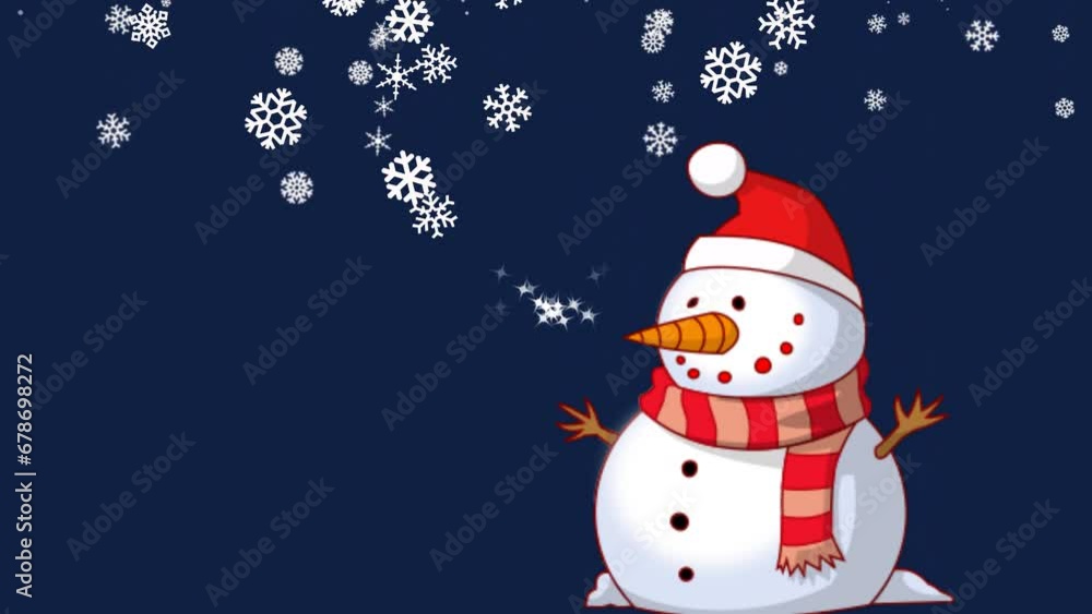 snowman with with falling snow, Christmas bowls and gift, animated illustration for Christmas snowman with with falling snow, Christmas bowls and gift, animated illustration for Christmas