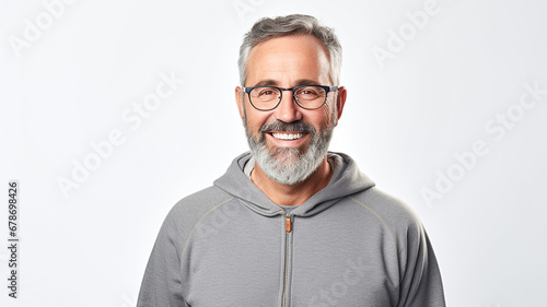 Portrait of bearded middle-aged man wearing glasses looking on camera isolated on white background.