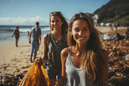 Volunteers collect trash on the beach. Two young women holding garbage bags and taking a selfie on the beach. Ecology concept. AI