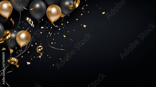 free photos Gold yellow balloons and falling foil confetti on black background for writing space.Generative AI