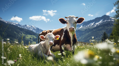 A grazing mother cow with her calf enjoys the sun on an alpine meadow, with picturesque mountains blurring behind it.