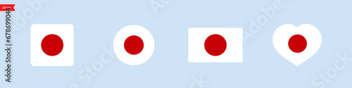 National flag of Japan. Japan flag icons in the shape of a square  circle  heart. Isolated flag symbols for language selection. Vector icons