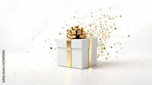 free photos White gift box with gold yellow ribbon and falling gold foil confetti on white background.Generative AI © Anak