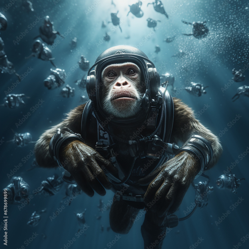 monkey scuba diving in the deep ocean ultrarealistic created with Generative Ai monkey scuba diving in the deep ocean ultrarealistic created with Generative Ai