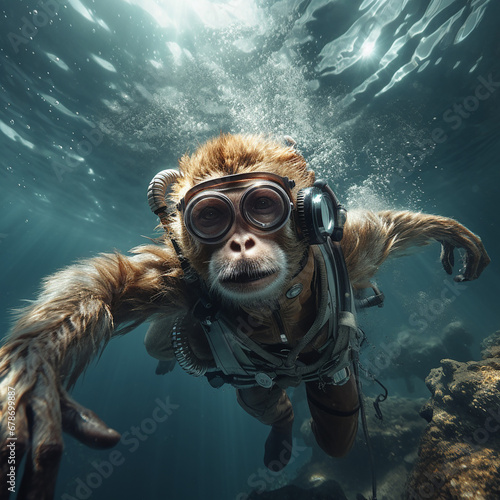 monkey scuba diving in the deep ocean ultrarealistic created with Generative Ai © Andrii Yablonskyi