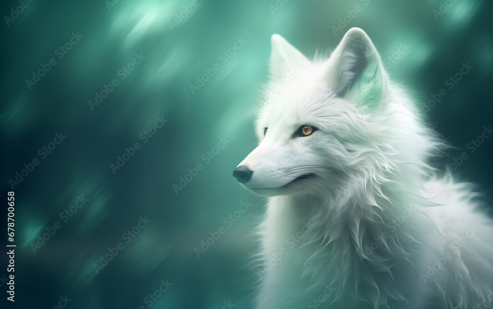 Portrait style image of a fox in white mint green color. Ethereal lighting composition.