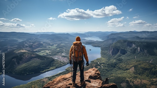 traveler in a yellow and black jacket stands on a rocky ledge with a backpack, a breathtaking landscape of forests and rivers. The mountains recede into the distance under a partly cloudy sky