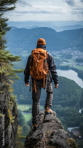 traveler in a yellow and black jacket stands on a rocky ledge with a backpack, a breathtaking landscape of forests and rivers. The mountains recede into the distance under a partly cloudy sky
