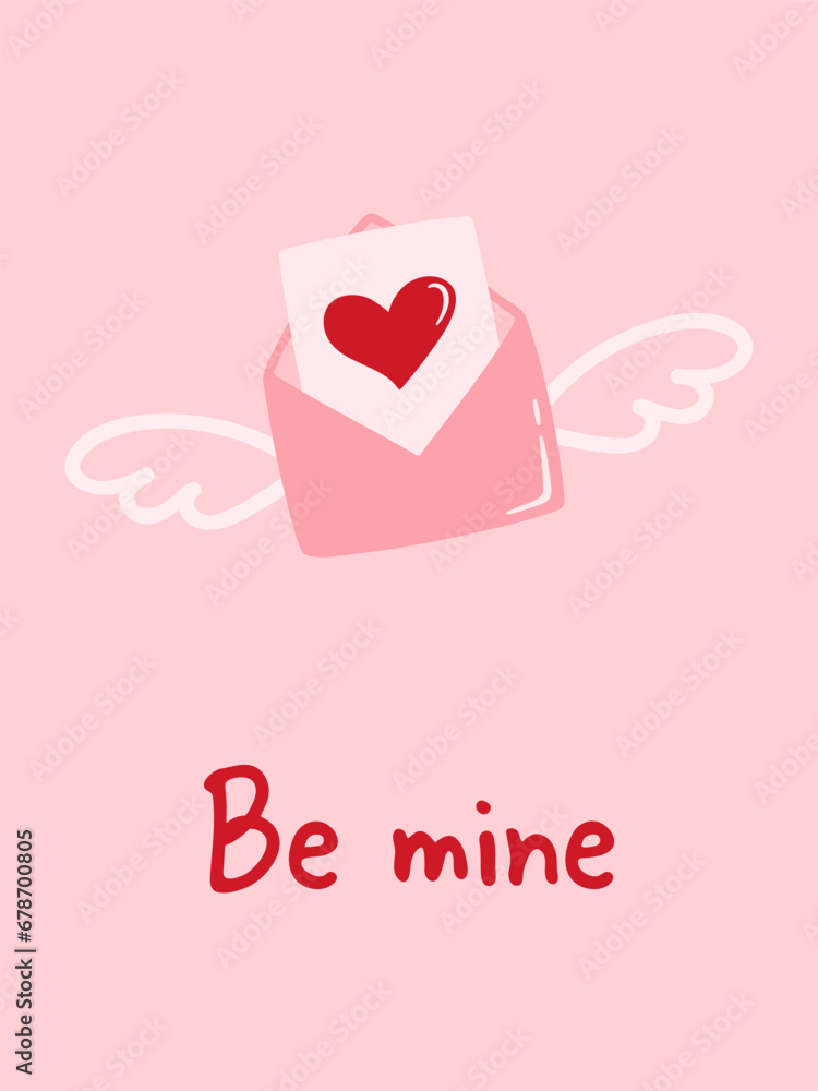 Be mine. Valentine's day greeting card. Hand drawn envelope with wings.