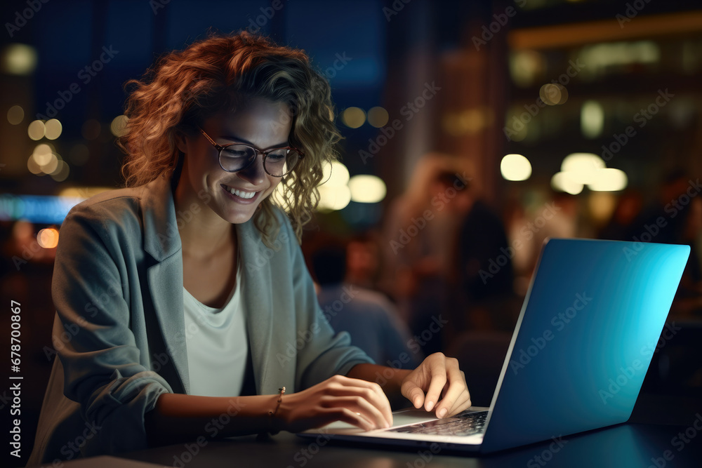 Happy woman working on laptop late at night, Smiling. Happy woman working on laptop late at night, Smiling.