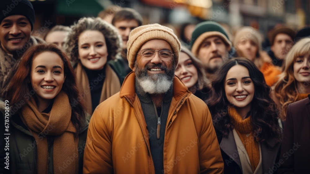 Large group of young and old mixed race people standing on city street. Large group of young and old mixed race people standing on city street.