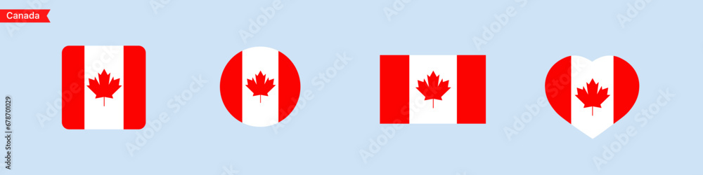 National flag of Canada icons. Canada flag in the shape of a square, circle, heart. Website language choice symbols. Vector UI flag design National flag of Canada icons. Canada flag in the shape of a square, circle, heart. Website language choice symbols. Vector UI flag design