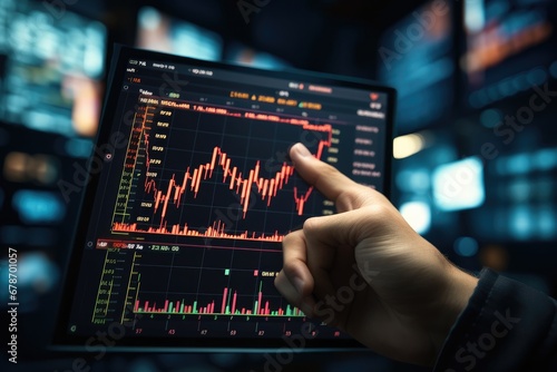 Finger pointing at screen showing stock market charts, Commodities and exchange market charts, Business man at work in investment broker agency.