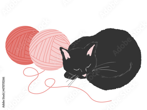 毛糸玉のそばで眠る黒猫