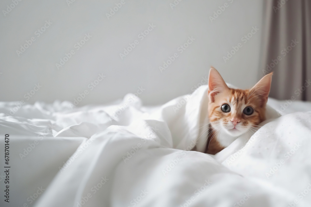 Cute domestic red cat lying on a bed under a white blanket in the bedroom. Generative AI