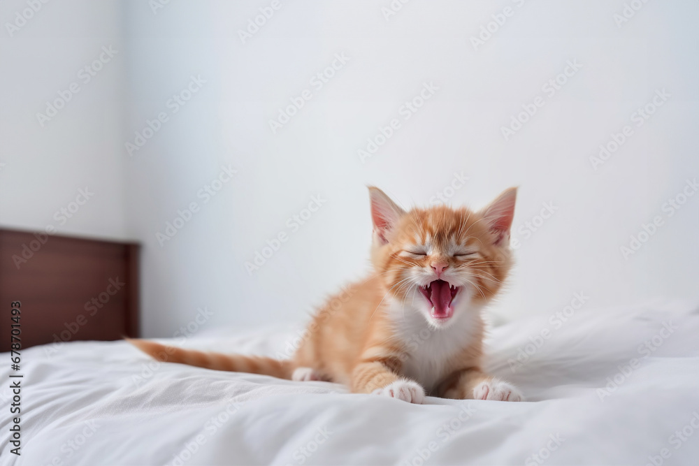 Sleepy red kitten yawns in a white bed in the bedroom in the morning. Generative AI