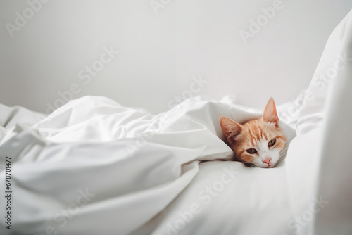 Cute domestic red cat sleeping on a bed under a white blanket in the bedroom. Generative AI