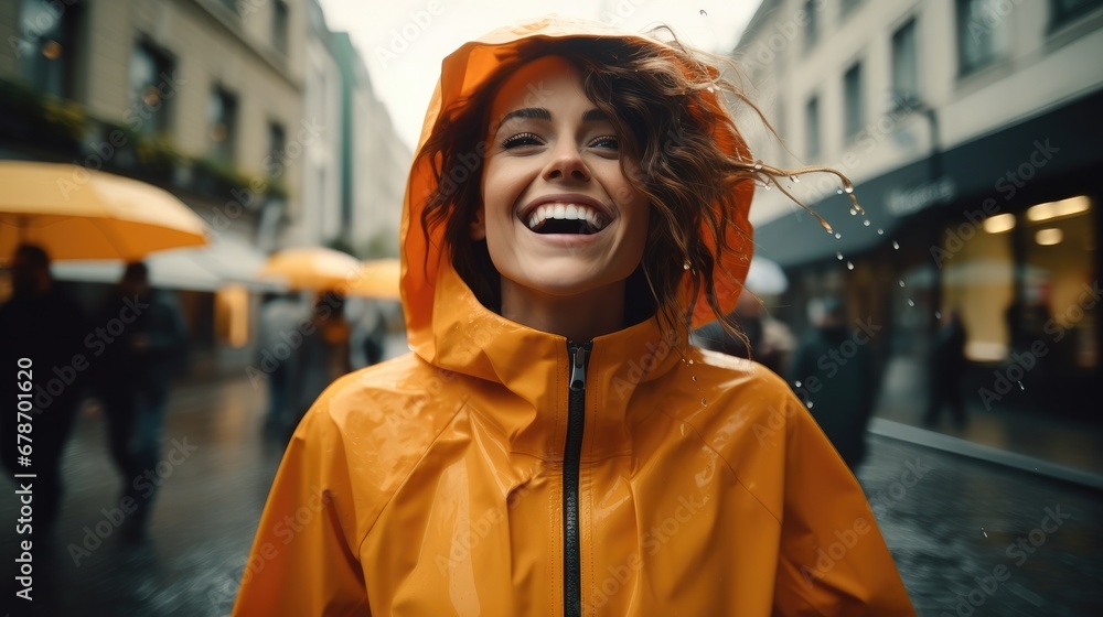 Fototapeta premium Smiling woman standing in the street in orange raincoat.