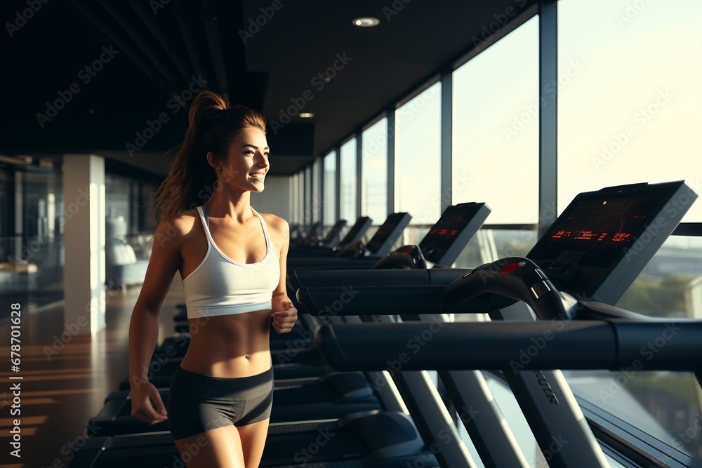 Active young woman jogging on a treadmill in the gym. Fitness, healthy lifestyle, and exercise. 'generative AI'