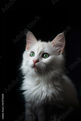 White fluffy cat with green eyes sitting on the black background. Generative AI