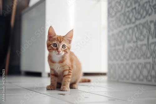 The red cat sits on the white kitchen floor and waiting for food. Generative AI