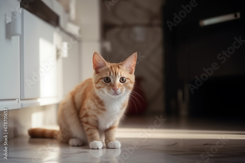 The red cat sits on the white kitchen floor and waiting for food. Generative AI