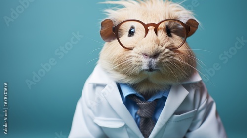 A guinea pig full body with a lab coat and scientist's glasses, isolated on blue background, Generative AI	 photo