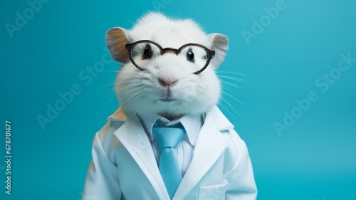 A guinea pig full body with a lab coat and scientist's glasses, isolated on blue background, Generative AI 