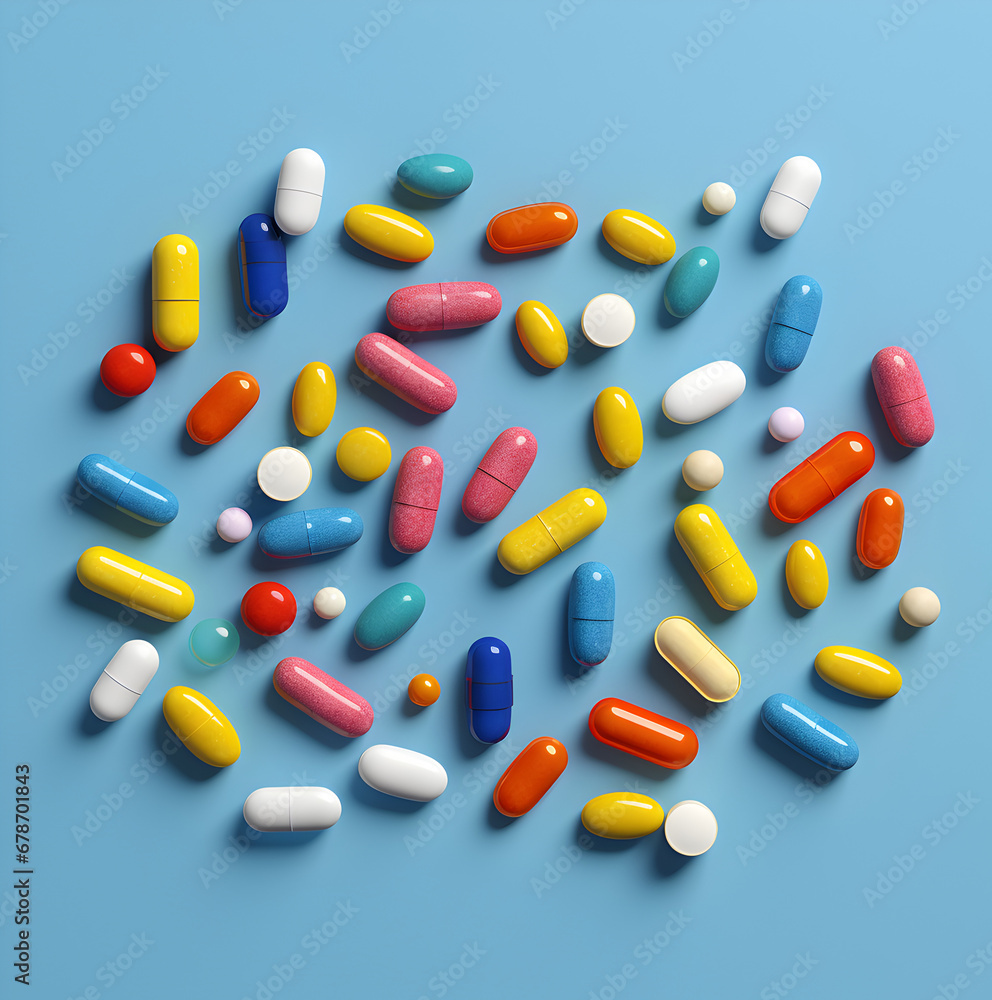 Top view of different medicinal pills isolated on blue background. Generative AI Top view of different medicinal pills isolated on blue background. Generative AI