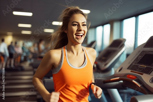 Active young woman jogging on a treadmill in the gym. Fitness  healthy lifestyle  and exercise.  generative AI 
