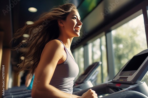 Active young woman jogging on a treadmill in the gym. Fitness, healthy lifestyle, and exercise. 'generative AI' © ballabeyla