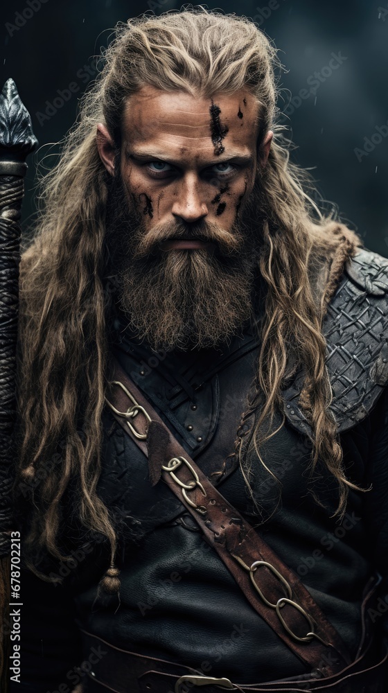 Obraz premium Fearless Viking warrior portrait. Generative ai.