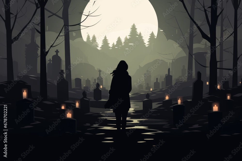 Fototapeta premium lonely woman at cemetery illustration