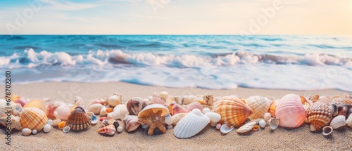 Seashells on the beach close up. Generative ai