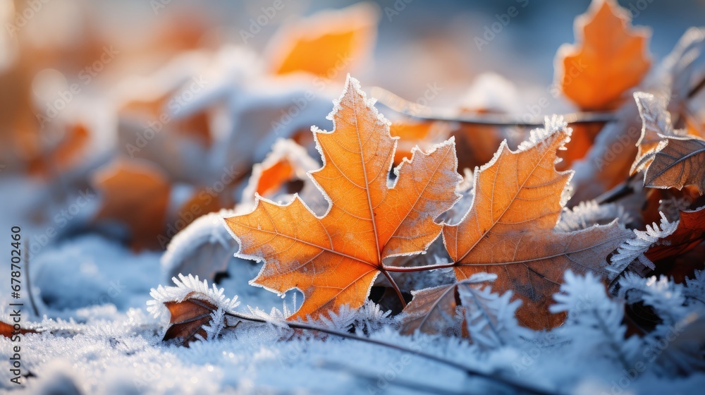 Autumn maple leaves in the snow, Beautiful bright fallen maple orange leaves on the ground, early winter late autumn concept. Generative ai Autumn maple leaves in the snow, Beautiful bright fallen maple orange leaves on the ground, early winter late autumn concept. Generative ai