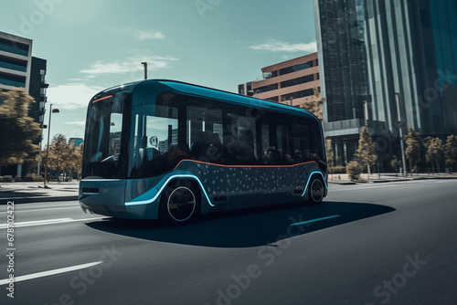 Self driving bus. Autonomous bus driving in city. Future Electric passenger buse. Self-driving passenger electric bus. Public electric E-bus. Driverless bus line with 5g autonomous driving buses.