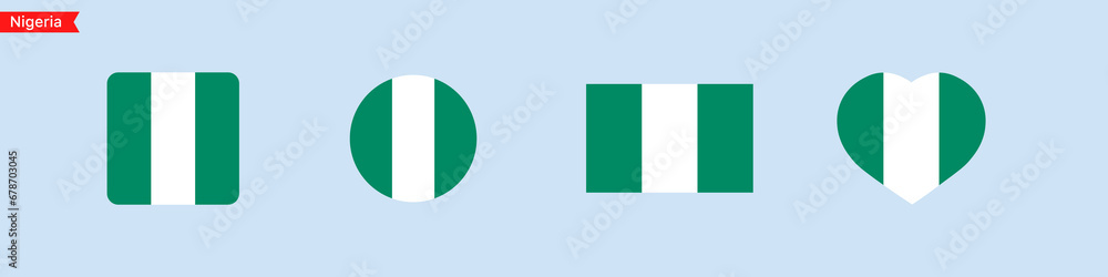 National flag of Nigeria. Flag in the shape of a square, circle, heart. Nigeria flag icons for language selection. Vector icons