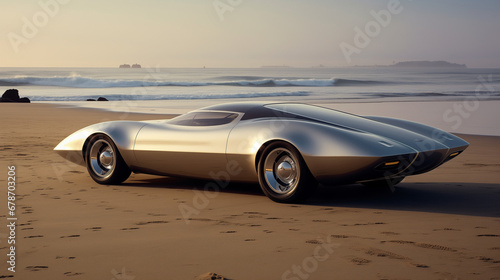 Classic car with streamlined fenders and roof  with the backdrop of a tranquil seaside beach.