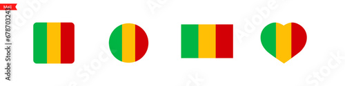 National flag of Mali. Flag in the shape of a square, circle, heart. Mali flag icons for language selection. Vector icons